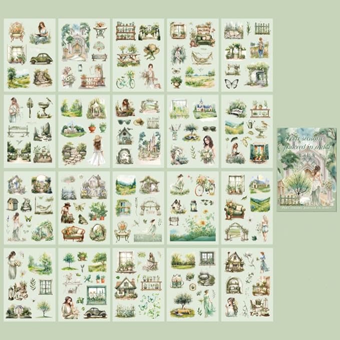 MAFELOE 20 Pages PET Scrapbook Stickers, Aesthetic Deco Supplies for Journaling Junk Bullet Diary Album Calendars-Travel Scenery Series-Green (Y3-P-SSYS)