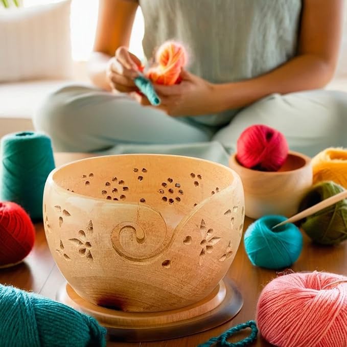 Prime Art Wooden Yarn Bowl Yarn Bowl for Crochet Yarn Bowl for Knitting Yarn Bowl for Crochet Large Yarn Bowl (Mangowood)