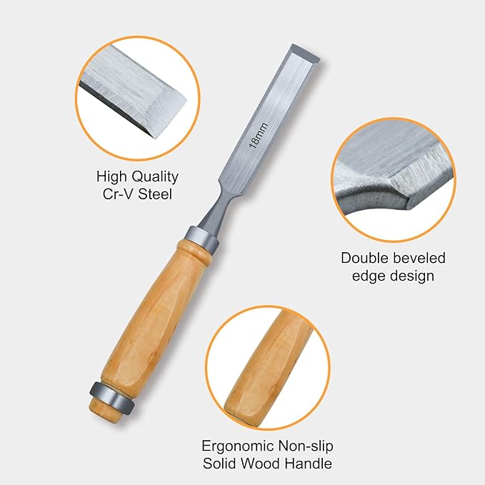 Wood Chisel Set for Woodworking, 4 pcs CR-V Steel Chisel Set for DIY with Wood Handle, Carpenter Woodworking Tools