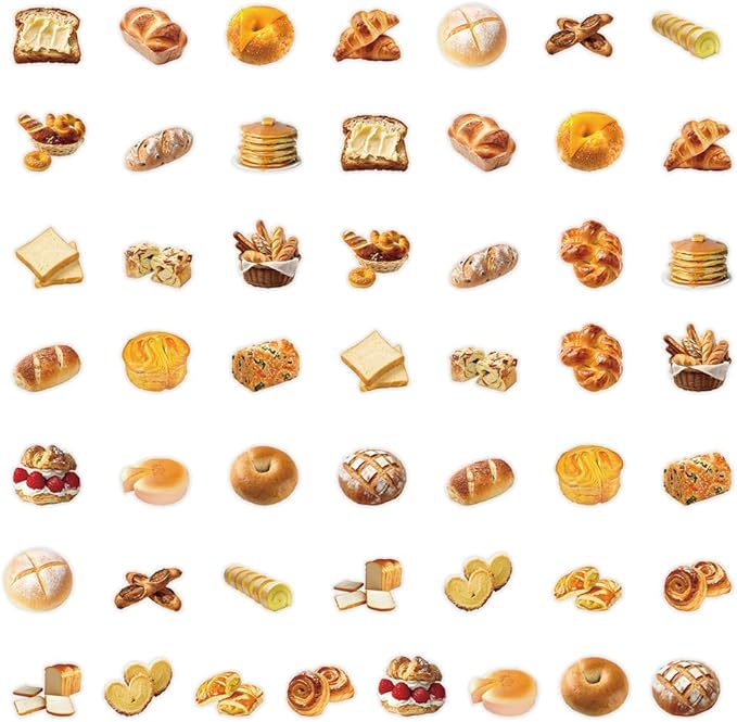 Baking Bread Stickers for Teens Boy Girls Kids|50 Pcs|Clear PET Waterproof Stickers for Laptop Computer Phone Tablet Scrapbook Flasks Water Bottle Bike Notebook Cup,Trendy Food Decals Pack(Bread)