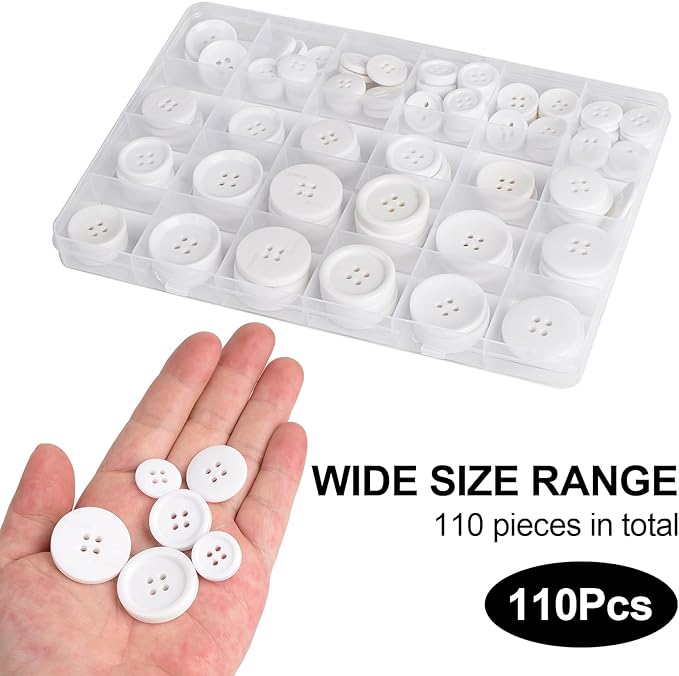 110Pcs White Mixed Sewing Buttons, 4-Hole Craft Round Blazer Buttons, 5 Color 3 Size (15mm, 20mm, 25mm) Suit Coats Resin Button, Suitable for Variety Clothing Sewing, DIY Craft (White)