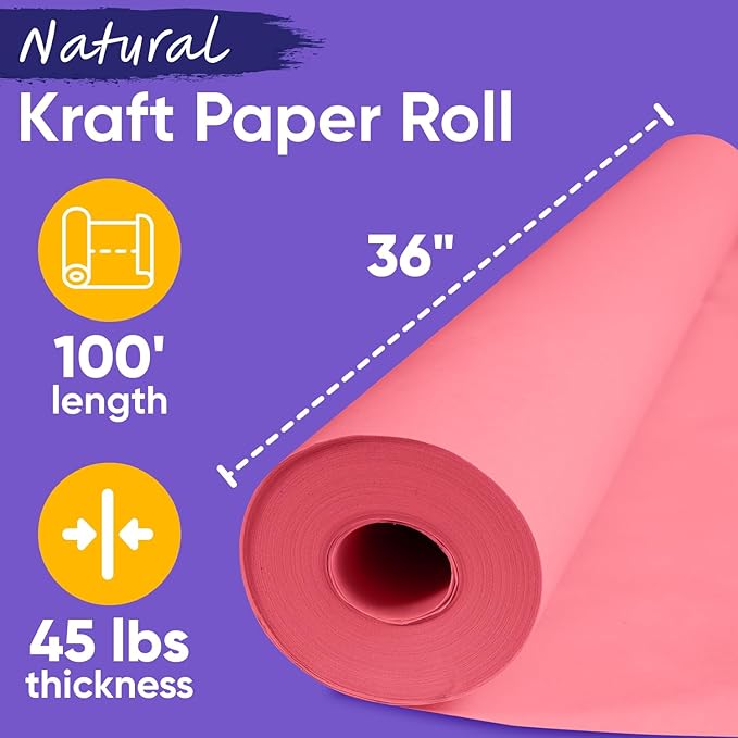 USA Made 36" x 1200" Pink Kraft Paper Roll, 45 lbs Thickness, American Quality Colored Kraft Paper for School, Poster Arts, Bulletin Board - Odorless, Non-Toxic, Safe for Kids