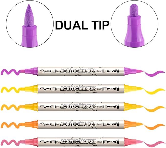 TRANSON 24 Colors Bold and Brush Dual-tip Acrylic Paint Marker Pen for Canvas Rock Wood Leather Ceramic DIY Painting