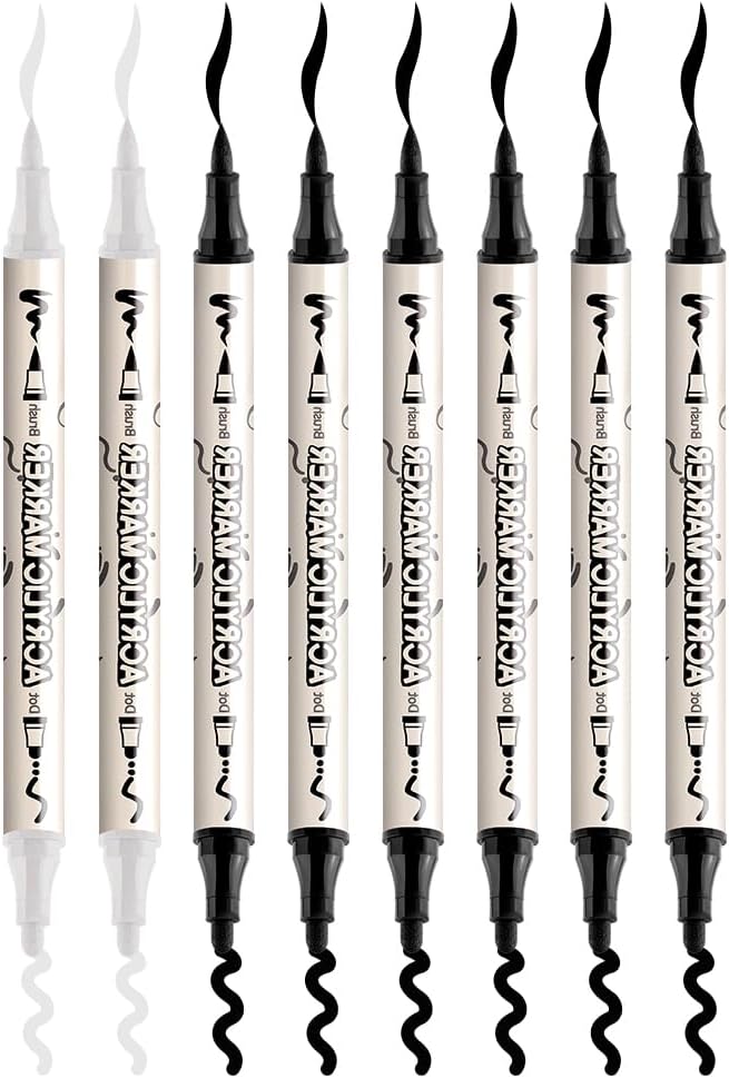 TRANSON 6 Black and 2 White Paint Markers Bold and Brush Dual-tip Acrylic Paint Marker for Rock Glass Canvas Wood Leather Ceramic DIY Painting