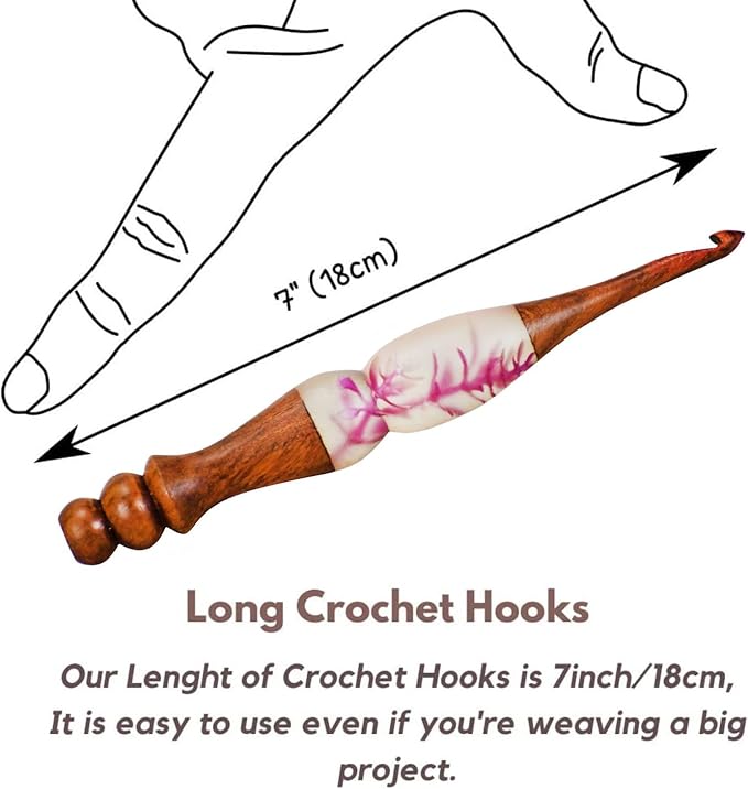 Resin Floral Crochet Hook Set – Ergonomic Wooden Handle with Handcrafted Flower Design, Comfortable Grip Crochet Needles for Knitting & DIY Craft Projects (Brown, Set of 7)