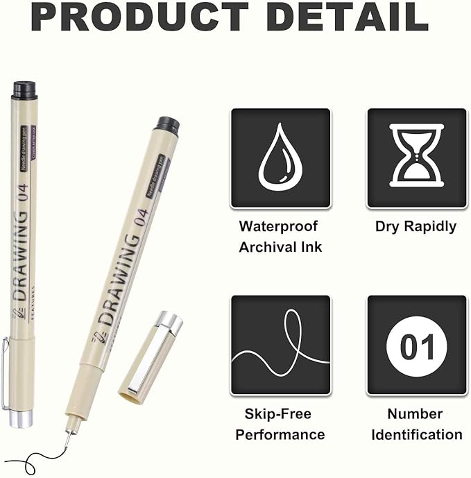 MECCANIXITY 04 Fineliner Ink Pens, 6Pcs 0.4mm Black Micro Pens with Waterproof Archival Ink for Watercolor Sketching Cartoon Technical Drawing