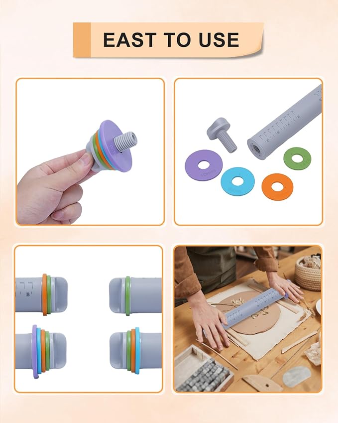eZAKKA Adjustable Rolling Pin with Thickness Rings, 12inch Clay Pottery for Clay Tools, Pottery Tools with Clay Slab Roller & Clay Guides Sticks