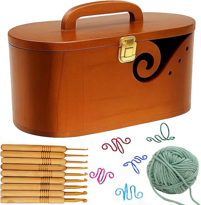 Gift Wooden Yarn Bowls with Lid and Handle for Knitting, Portable Crochet Bowls with 9 Knitting Crochet Hooks, 5 Hooks, Yarn Ball, Complete Set for Beginners, Enthusiasts,Mother's Day gift