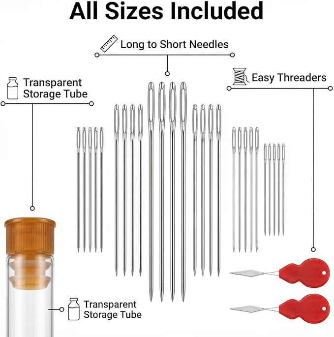 Stainless Steel Large Eye Hand Sewing Needles with Threader - Easy - Load for Seniors,Beginners, Crafts - Sharp for Quilting,Embroidery,Mending - 25 Pcs Set with Storage Case