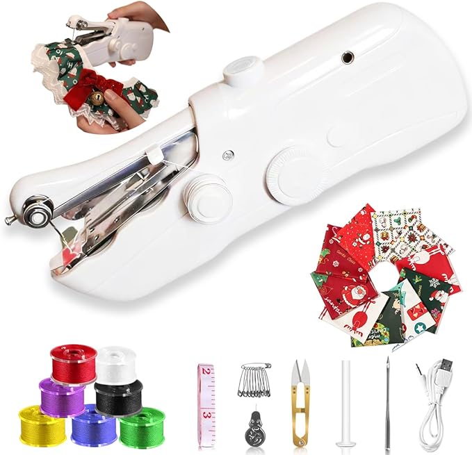 Handheld Sewing Machine,Mini Sewing Machine for Beginners,with 8 New Year's Fabric Pieces and 24 Sewing Accessories,Perfect for 2026 New Year DIY Gifts Decoration and Clothing Repairs