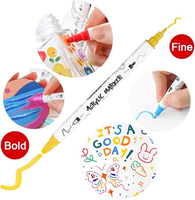 TRANSON 12 Color Bold and Fine Dual-tip Acrylic Paint Pen Set for Canvas Rock Wood Leather Ceramic DIY Painting
