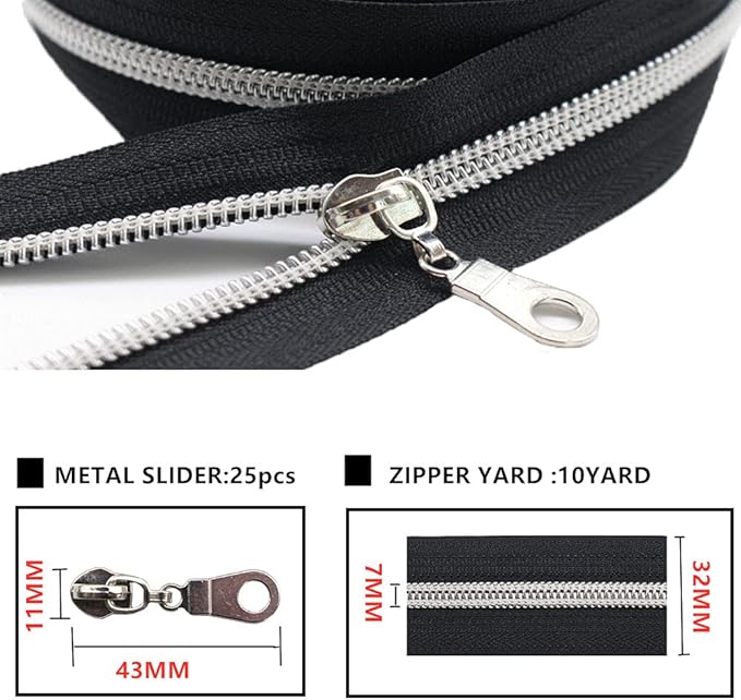 MebuZip #5 Silver Metallic Nylon Coil Zippers by The Yard Bulk Coil Zipper Roll 10 Yards with 25pcs Pulls for DIY Sewing Craft Bags (Black)