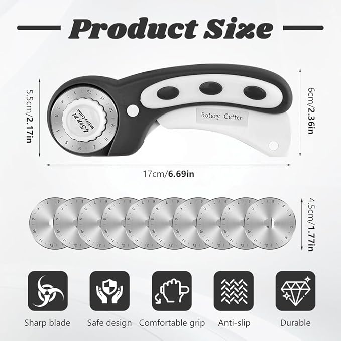 45mm Rotary Cutter for Fabric with 10 pcs Blades,Pinking Rotary Cutter for Quilting Crafts Sewing(COLOR:Black)