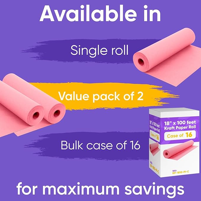 18" x 1200" (100 ft) Pink Kraft Paper Roll - Value Pack of 2, 45 lbs Thickness, Made in USA - Odorless, Non-Toxic, Safe for Kids - School, Bulletin Board Paper