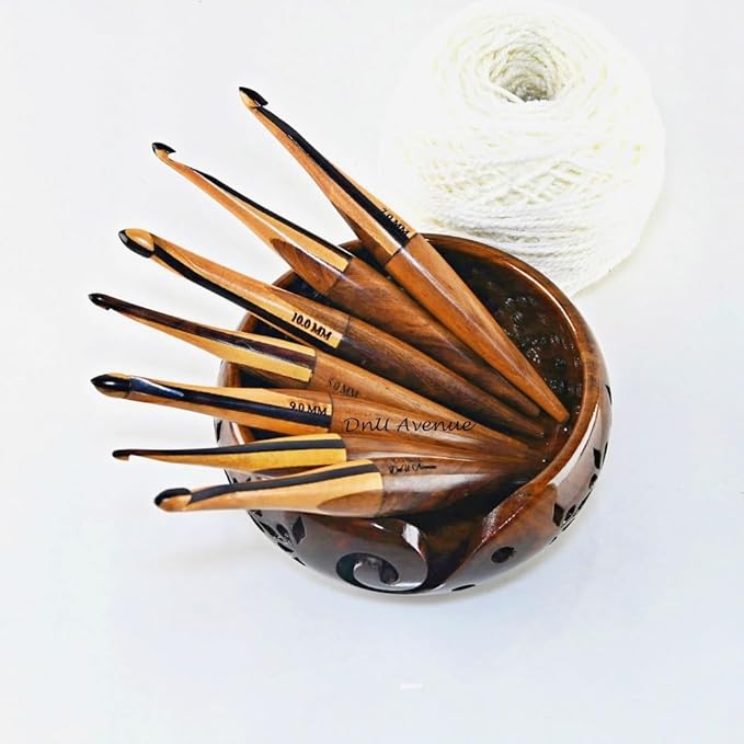 DnU Avenue Multicolor Wooden Crochet Hooks Set of 7 (4MM–10MM) with Yarn Bowl | Ergonomic Crochet Hooks for Arthritic Hands | Comfortable Wooden Crochet Needles | Perfect Gift for Crochet Lovers