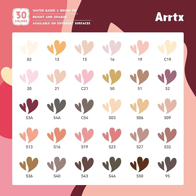 Arrtx Acrylic Markers Skin Tone 30 Colors,Brush Tip,Water Based Acrylic Paint Pens Paint Markers,Perfect for Glass Marking,Anime Drawing,illustration Sketching,Rock Painting,Stone,Canvas
