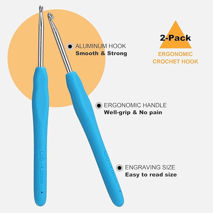 2Pcs 4.0mm Crochet Hooks, Ergonomic Crochet Hook for Arthritis and Beginners, Extra Long, Smooth, Comfortable (Size G / 4.0mm)