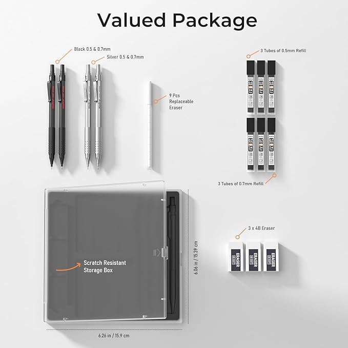 Nicpro 4 PCS Metal Mechanical Pencil Set 0.5 mm & 0.7mm with Case, Artist Pencil MP1000 with 6 Tubes HB Lead Refill, 3 Eraser, 9 Eraser Refill For Art Writing Drafting Drawing,Black & Silver