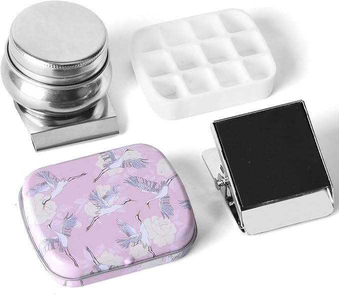 Portable Mini Tin Box,12-Well Empty Watercolor Palette,Small Paint Storage Travel Artist Outdoor Sketch Watercolor Kits with Magnetic Clip and Oil Pot. Pink Crane