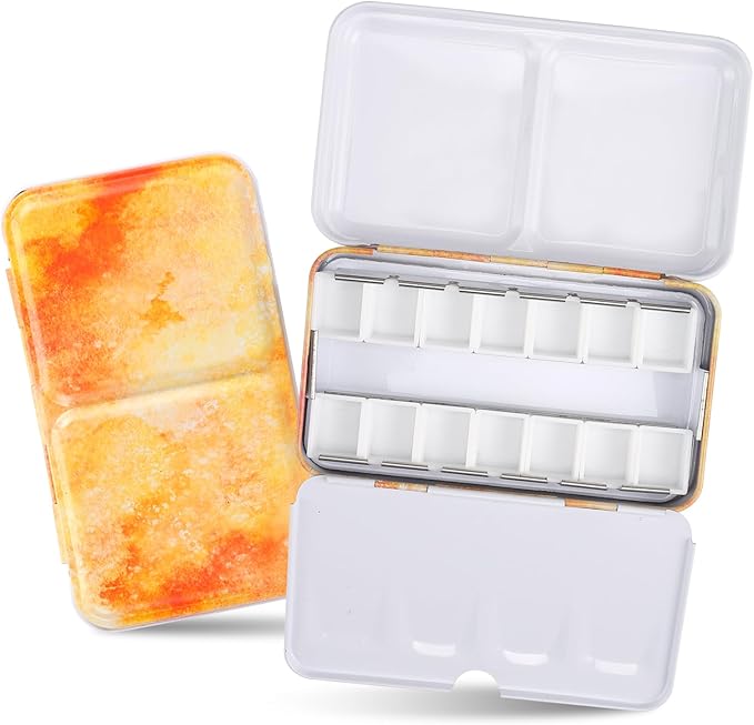 Watercolor Palette Empty with 14PCS Watercolor Half Pans - Sturdy Metal Empty Watercolor Palette Tin - Suitable for Gouache, Watercolor, Acrylic Painting