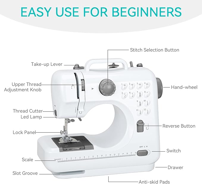 Mini Sewing Machine for Beginners, Portable Electric Sewing Machine with Dual Speed, 12 Built-in Stitches, Foot Pedal, and Accessories Kit for Home DIY Projects & Gift, White and Gray