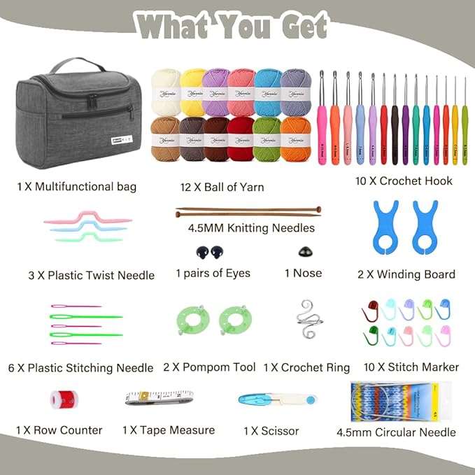 Yarniss Crochet Kit for Beginners - 840 Yards Crochet Yarn and 14 Sizes (2.0-10.0mm) Ergonomic Hooks with Organizer Bag, All Inclusive Crocheting & Knitting Set for Adults