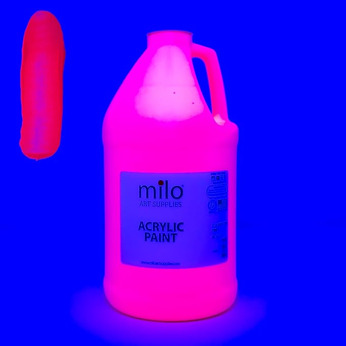 milo Fluorescent Pink Neon Acrylic Paint | 64 oz Bottle Half Gallon | Glows UV in Black Light | Non-Toxic Made in USA | Bulk Art Paint for Party, Student, Classroom, Artist
