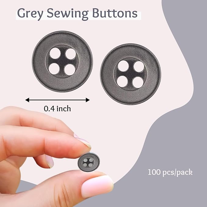 100 Pack Grey Sewing Buttons 16L (10mm) Round Plastic 4 Hole Glossy Buttons for Sewing 0.4 inch Smoke Bulk Standard Shirt Buttons for Pants Blouse Shirt Dress Skirt Shorts Decorative DIY Arts