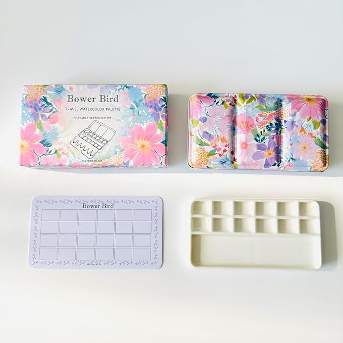 Bower Bird Travel Watercolor Palette,Portable Ceramic Palette,Empty Paint Palette,Small Travel Metal Paint Boxwith Porcelain Palette