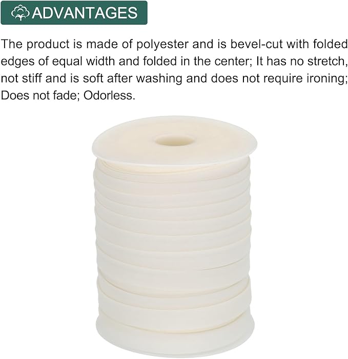 MECCANIXITY 1/2 Inch Double Fold Bias Tape Polyester Continuous Bulk Bias Tape for Sewing,Seaming Quilting Hemming Binding Crafts (Beige White 55 Yards)
