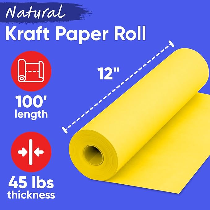 USA Made 12" x 1200" Yellow Kraft Paper Roll, 45 lbs Thickness, American Quality Colored Kraft Paper for School, Poster Arts, Crafts, Bulletin Board Roll - Odorless, Non-Toxic, Safe for Kids