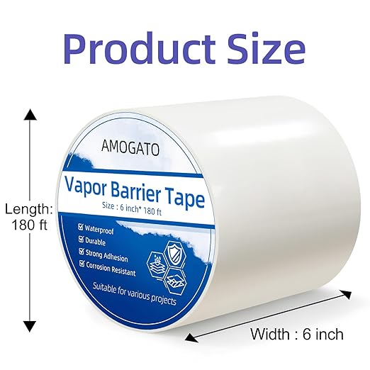 Vapor Barrier Tape - 8 Mil 6" x 180FT x 1 Roll, Heavy Duty Sealing Tape, Super Sticky & Waterproof Seam Tape for Crawl Space, Basement, Floor, Pipe, HVAC & Construction Repairs