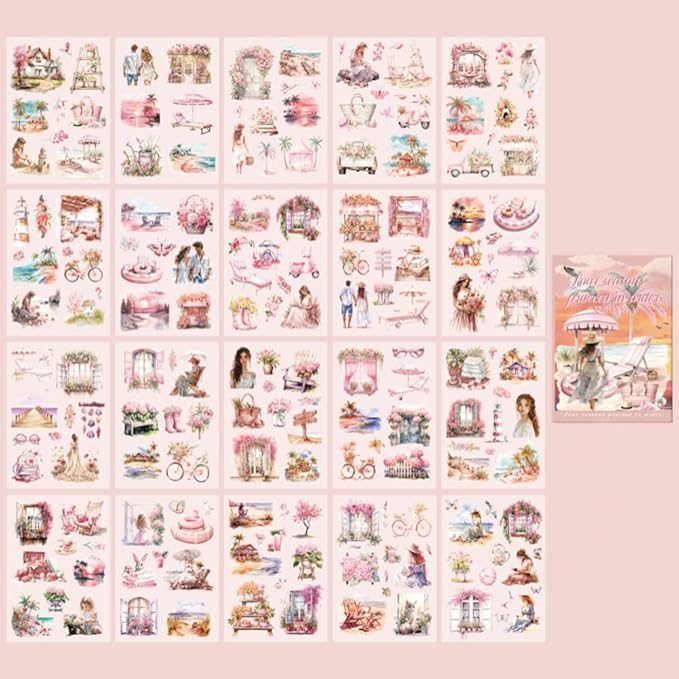 MAFELOE 20 Pages PET Scrapbook Stickers, Aesthetic Deco Supplies for Journaling Junk Bullet Diary Album Calendars-Travel Scenery Series-Pink (Y3-P-SSYS)