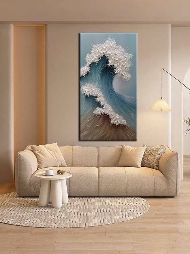 YaSheng Art 3D Ocean Wave Canvas Wall Art, Hand-Painted Textured Seascape, 24 x 48 inches