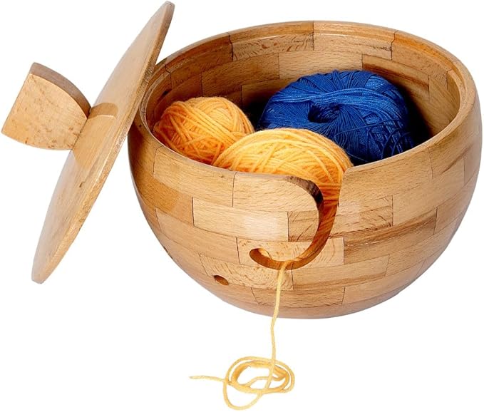 Wooden Large Yarn Bowl with Lid (7.5x4.5) – Yarn Holder with Cover for Crocheting & Knitting – Crochet Bowl with Handle & Hooks – Christmas Gift for Crafters