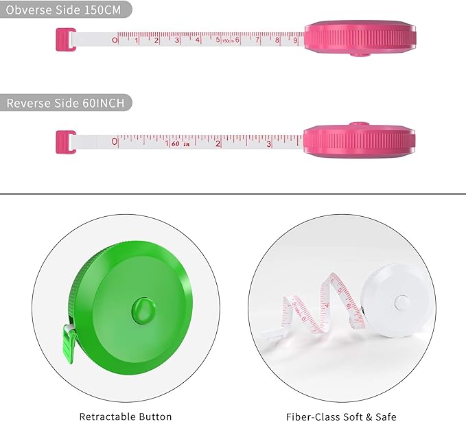 DiCUNO 60-Inch 1.5 Meter Soft and Retractable Tape Body Tailor Sewing Craft Cloth Dieting Measuring Tape (3 Colors, White Green Pink Package with Soft tape)