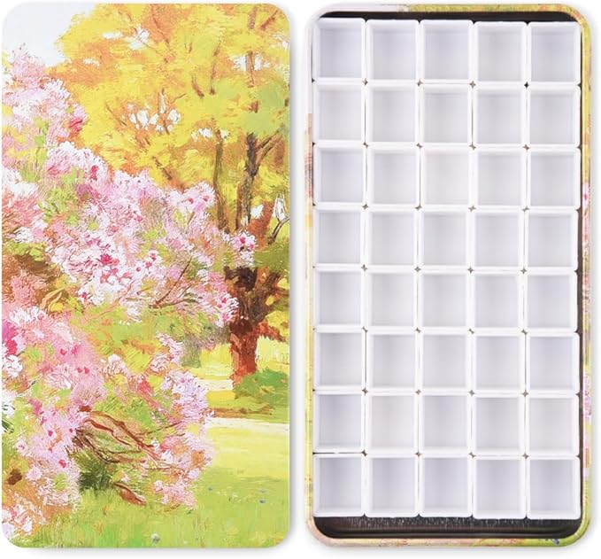 Portable Watercolor Tins Paint Palette with 40Pcs Empty Half Pans and Magnetic Squares, Small Travel Metal Paint Box with Acrylics Painting Art Drawing. Pastoral