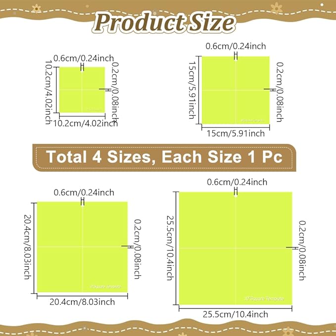 Peacoblue 4Pcs Acrylic Square Quilting Template Set 4",6",8",10" Accurate Cutting Quilting Ruler for Layer Cakes, Patchwork & Quilts Long - Lasting, Non - Slip Design for Sewing & Craft Creations