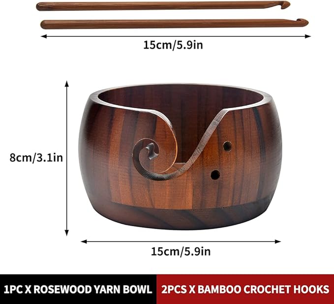 Wooden Yarn Bowl with Bamboo Crochet Hooks, Knitting Accessories DIY Hand Craft Yarn Holder Dispenser Storage Bowl for Skeins, Birthday Gifts for Crocheters Knitting Lovers(Color:Brown)