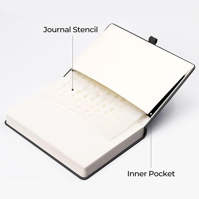 EMSHOI Bullet Dotted Journal Notebook - 320 Pages, 100gsm Thick Paper, A5 Hardcover Leather, Dot Grid Notebook for Women Men Work Writing, Bullet Journaling, Drawing, 5.75 x 8.38, Black