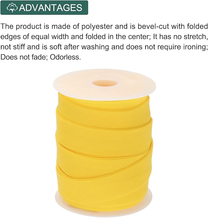 MECCANIXITY 1 Inch Double Fold Bias Tape Polyester Continuous Bulk Bias Tape for Sewing,Seaming Quilting Hemming Binding Crafts (Yellow 25 Yards)