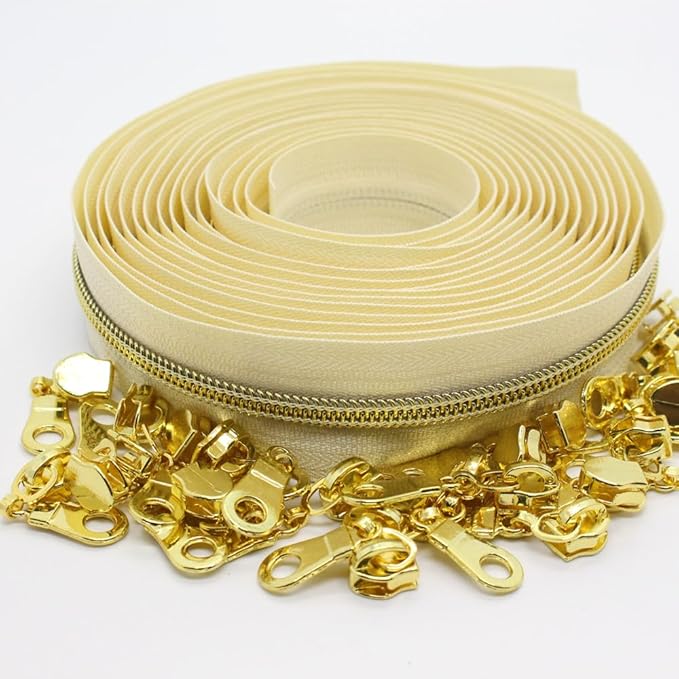MebuZip #5 Gold Metallic Nylon Coil Zippers by The Yard Bulk Coil Zipper Roll 10 Yards with 25pcs Pulls for DIY Sewing Craft Bags (Beige)