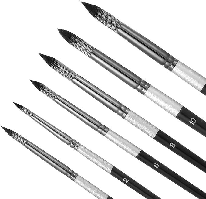 6Pcs Round Pointed Tip Paint Brushes Set Filbert Paint Brushes Nylon Paints Brush for Paints by Number for Acrylic Oil Watercolor Gouache Painting Nylon Hair Art Brush for Beginners Professionals