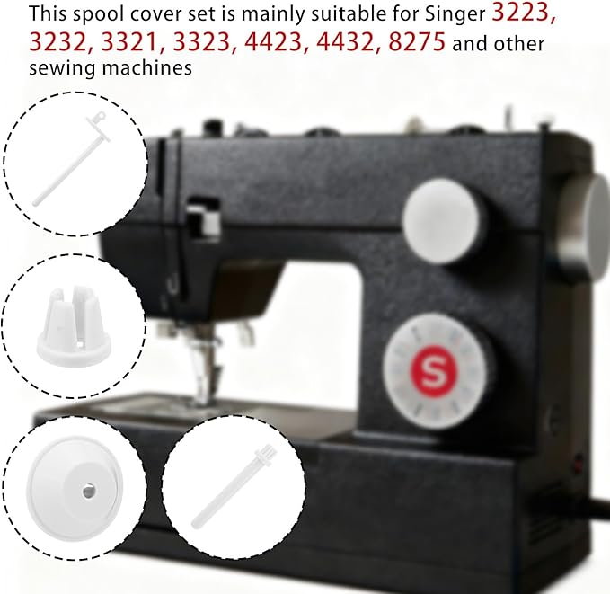 4pcs Spool Pin Cap Set, Plastic Replacement Caps and Auxiliary Spool Pins Compatible with Singer 3223 3232 3321 3323 4423 4432 8275 Sewing Machine Parts