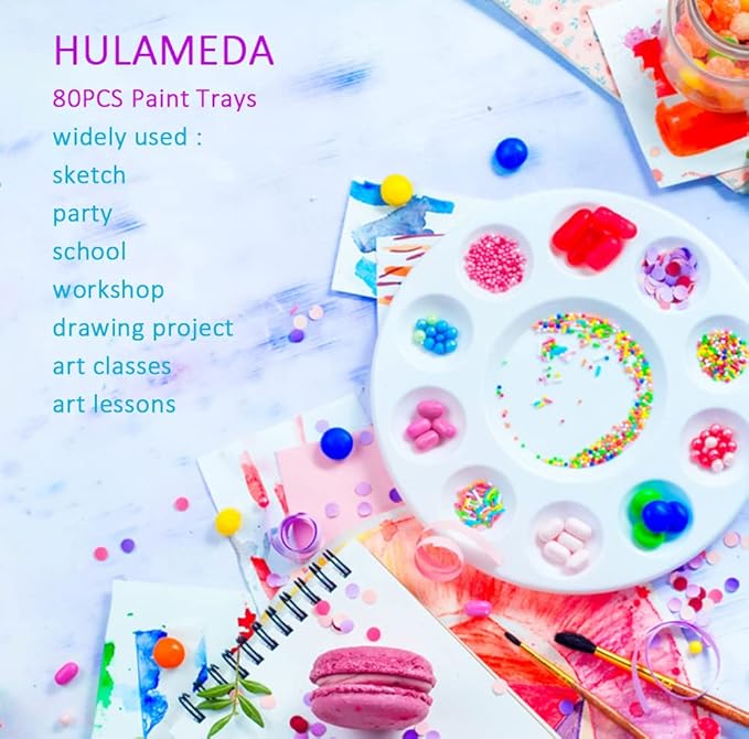 Hulameda 80pcs Paint Tray Palettes, Plastic Round Pallets for Kids or Students,Craft DIY or Have a Birthday Painting Party