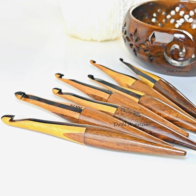 DnU Avenue Multicolor Wooden Crochet Hooks Set of 7 (4MM–10MM) with Yarn Bowl | Ergonomic Crochet Hooks for Arthritic Hands | Comfortable Wooden Crochet Needles | Perfect Gift for Crochet Lovers