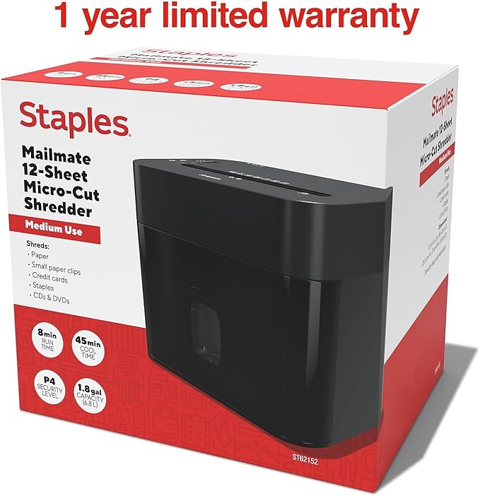 Staples 12-Sheet Micro-Cut Shredder – Compact High-Security Shredding for Home & Office