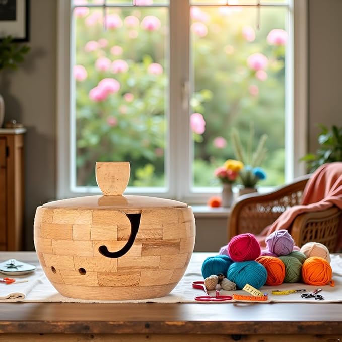 Wooden Large Yarn Bowl with Lid (7.5x4.5) – Yarn Holder with Cover for Crocheting & Knitting – Crochet Bowl with Handle & Hooks – Christmas Gift for Crafters
