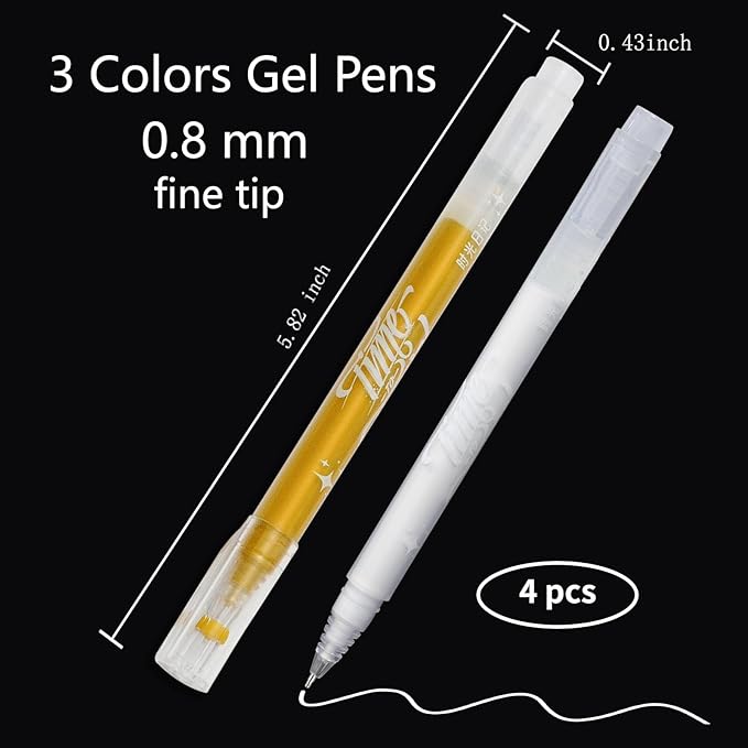 YUANCHENG Gold Silver White Gel Pens, 4 Pack,0.8 mm Extra Fine Point Gel Ink Pens.Suitable for Black Paper Drawing,Card Making,Artists Drawing. Sketching,White Gel Pen for Art Highlight