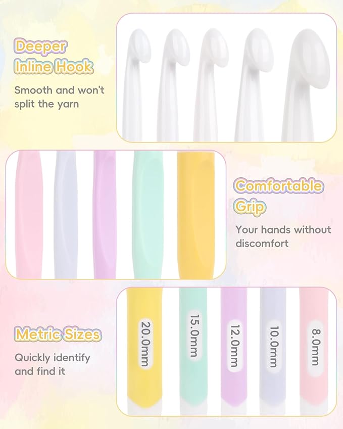 Aeelike Crochet Hooks 8mm, 10mm, 12mm,15mm, 20mm, Ergonomic Crochet Hooks Set with Large Rubber Handle Crocheting Accessories for Chunky Yarn Weaving Blanket DIY Crafts,Ideal Gift
